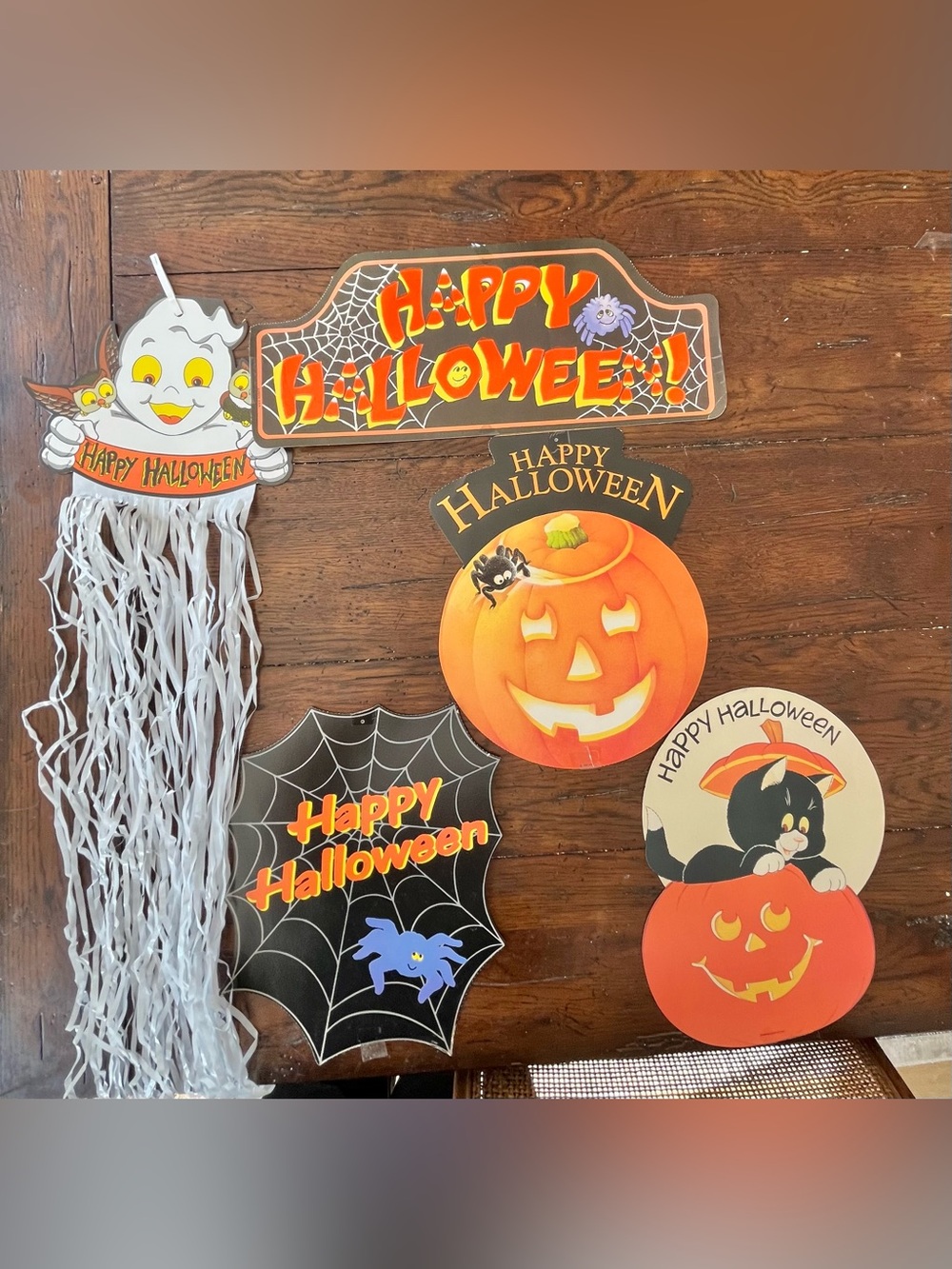 Vintage Eureka Halloween Decorations Flocked Pumpkin & Cat Lot 5 Decorations